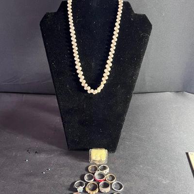 Vintage Faux Pearl Necklace And Rings A Various Sizes