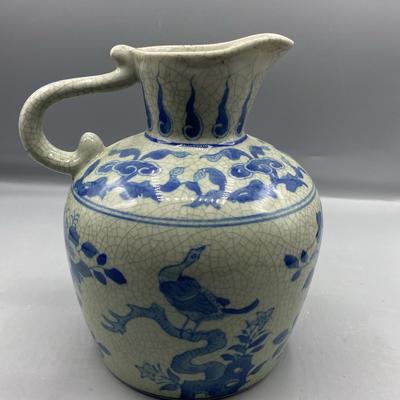 Chinoisere Blue And White Ceramic Pitcher 