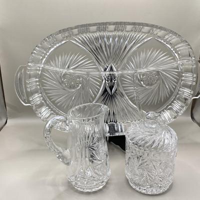 Vintage Cut Glass Serving Tray, Creamer And Sugar Jar