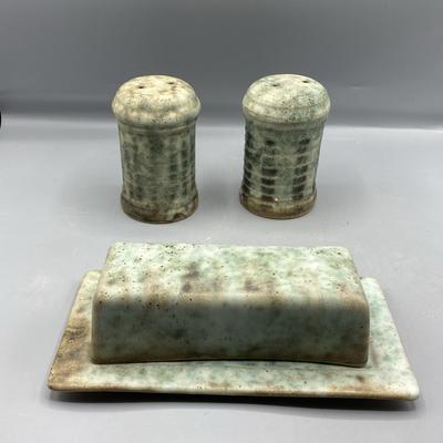 Peter’s Pottery Dirty Jade Butter Dish And Salt And Pepper Shakers