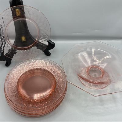 Pink Depression Glass Plates And Bowl 