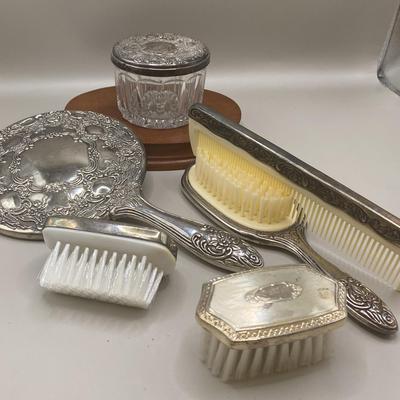Vintage Mirror, Brushes, Comb & Powder Puff Jar