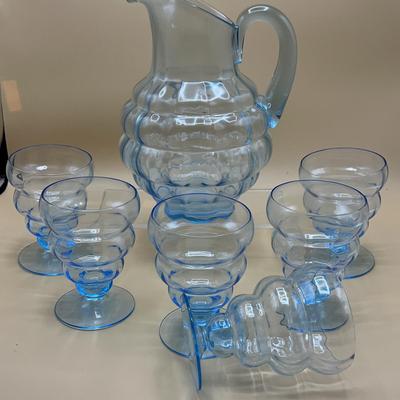 Rare Vintage Fostoria Azure Blue Optic Pitcher And Tumblers 