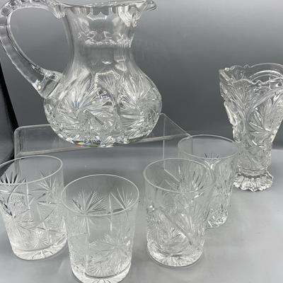 Pinwheel Style “Star Of David” Crystal Pitcher, Cups, and Vase 