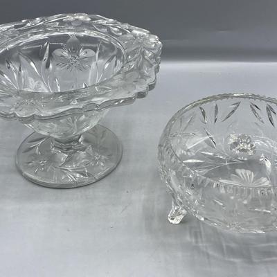 Pedastal Eteched Candy Dish And A 3 Legged Etched Candy Dish 