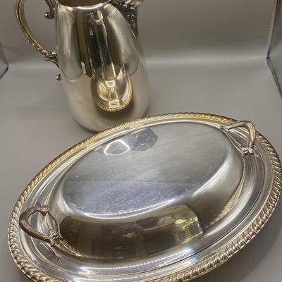 Vintage Silver Plated Water Pitcher And Serving  Dish.