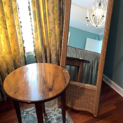 Full Length Standing Wicker Mirror, Real Wood Side Table & Small Decorative Rug