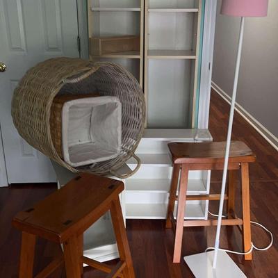 White Pressed Board Shelving, Wooden Stools And Other Storage Items 