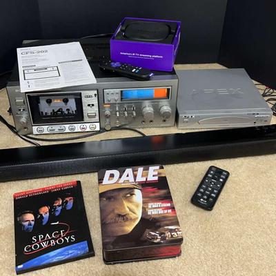 Sony Radio Cassette Recorder, Roku, Apex DVD-player, LG Sound Bar And DVDs