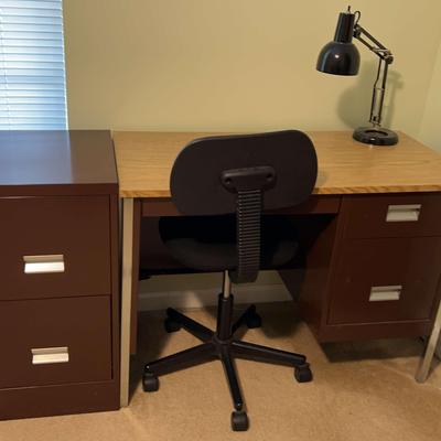 Desk, Metal File Cabinet, Desk Lamp And  Office Chair