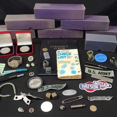 Men's Trinkets: Coins, Patches, Timex Watch, And More 