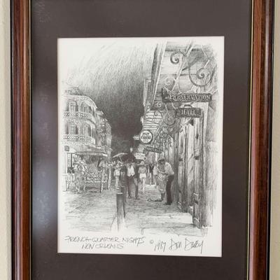 1987 Don Davey Signed Pencil Drawing – “French Quarter Nights, New Orleans” – Preservation Hall