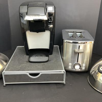 Calphalon Toaster And Two Kettles Featuring Keurig Single Serve Coffee Maker