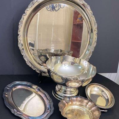 Silver Plated Punch Bowl, Platter, & Bowls