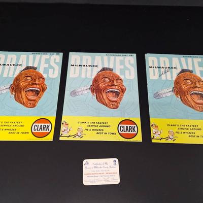 3 Braves 1961 Scoreboard Magazine - Signed by Warren Spahn HOF Pitcher - Del Crandell and Pass