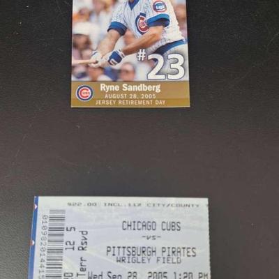Chicago Cubs Ryne Sandberg 23 Jersey Retirement Day Card August 28,2005 (Not Graded) - Ticket 