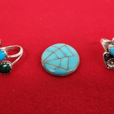 Signed Sterling Pin & 2 Rings