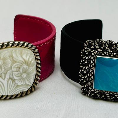 Carolyn Pollack Relios Sterling MOP & Turquoise Tooled Leather Cuff Bracelets
