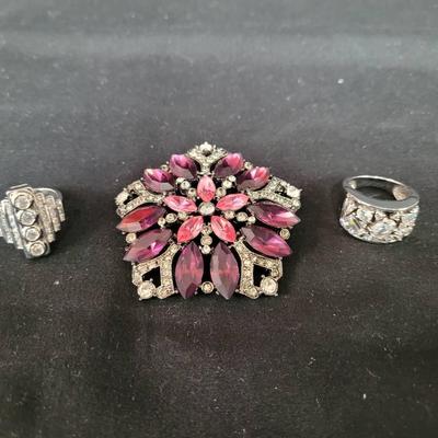 Two Sterling Bling Rings & Costume Pin