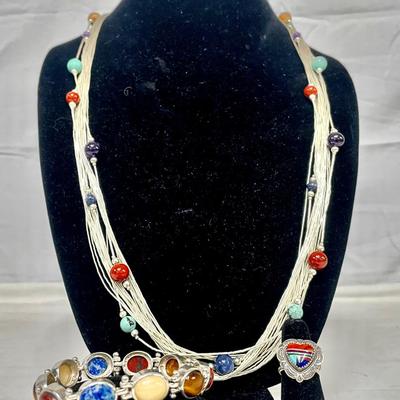 Vintage Gemstone And Sterling Necklace, Ring & Bracelet 