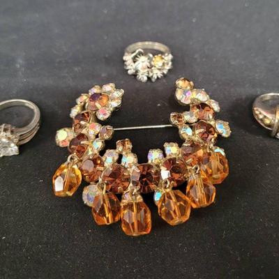 Three Sterling Bling Rings & Costume Broach/Pin