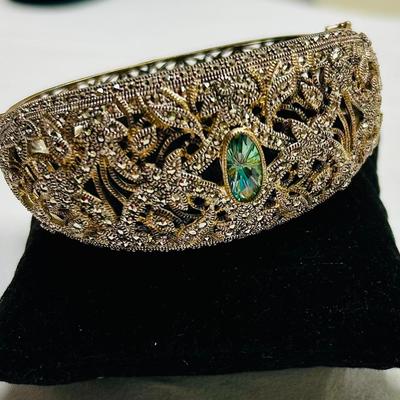 Antique Style Sterling Marcasite Mystic Topaz Hinged Bracelet