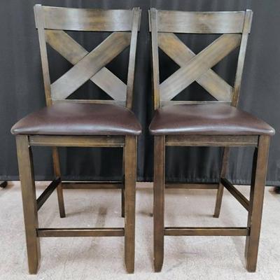 Two Dark Wooden Based Padded Barstools 