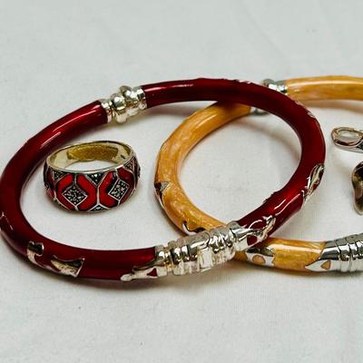 Milor Italy Sterling and Enamel Hinged Bracelets w/Three Sterling Rings