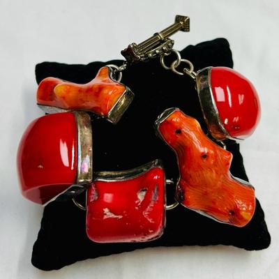 Chunky Sterling Chinese Coral Bracelet