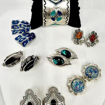 Vintage Sterling Earrings & Southwestern Inspired Cuff 