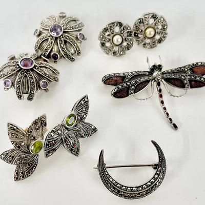 Sterling Silver & Marcasite Jewelry Brooches & Earrings 