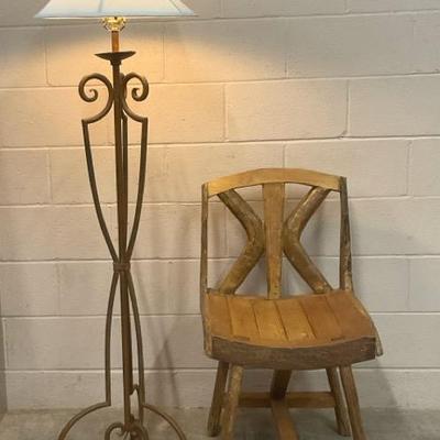 Rustic Branch Wood Chair W/ Ornate Iron Floor Lamp 