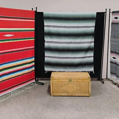 Wicker Chest and Three Traditional Mexican Blankets.