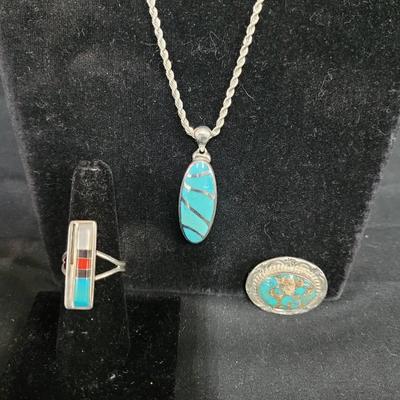 Sterling Pendant, Broach / Pin, & Signed Zuni Ring