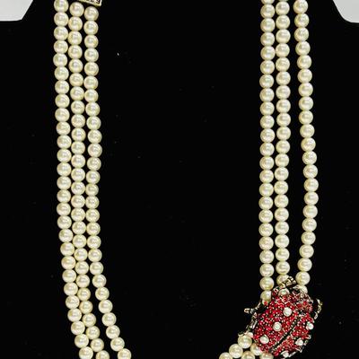 RARE Heidi Daus LOVELY LADYBUG 3 Strand Necklace Swarovski Crystals 