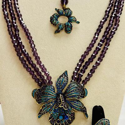 Heidi Daus “Exotic Orchid” Set:  Necklace, Bracelet, Ring