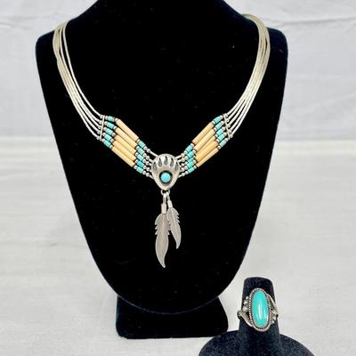 Vintage Liquid Silver Bear Claw Choker & Sterling Ring Signed 