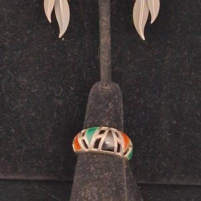Vintage Sterling Silver Cuff Bracelet, Clip On Earrings, & Ring