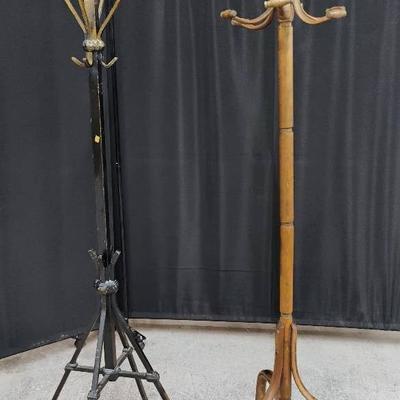 Two Tall Vintage Metal & Wood Floor Coat Racks