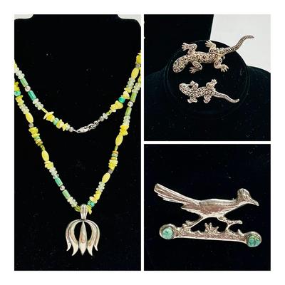 Carolyn Pollack Serpentine/Turquoise Necklace, Sterling Pendant, Pins