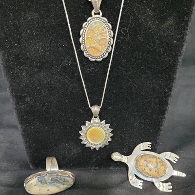 Signed Sterling Pendants, Pin, & Ring