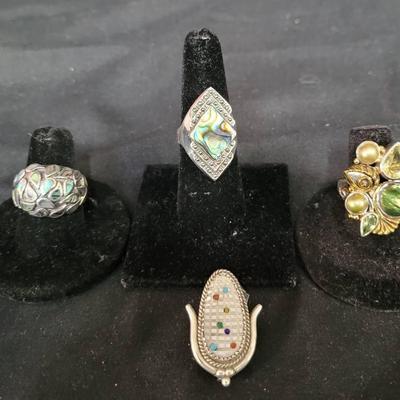 Signed Sterling Pin & Rings with Abalone
