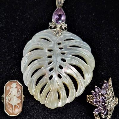 Vintage Sterling Silver Himalayan Nepal Carved Leaf Pendant, Marcasite & Marquis Ring, Cameo Ring 