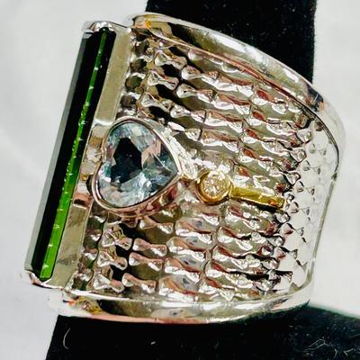 Sterling & 14k Sapphire & Emerald Ring, sz 8.75