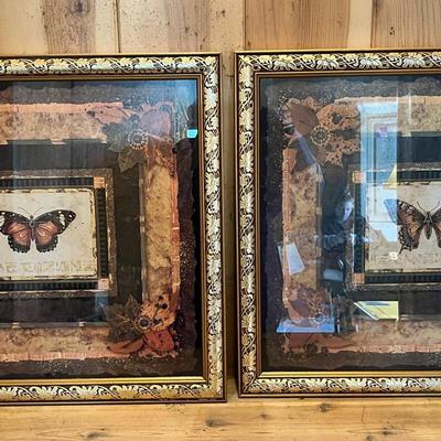 2 Gold Wood Framed Butterfly Prints & Leaf Art