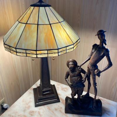 Vintage Tiffany Style Lamp And Carved Wooden Figure