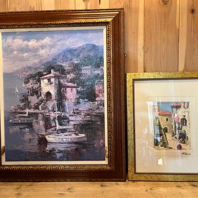 Framed Oil Painting Of Fishing Village & Print Of Countryside