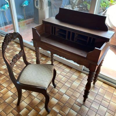 Antique Wooden Fold Up Office Desk & Chair
