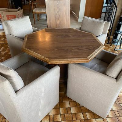 Octagonal Wooden Table With Leaf & Rolling Chairs