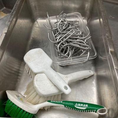 DBB500 - Assortment Of Pan Hooks, Scrub Brushes, & Food Pan